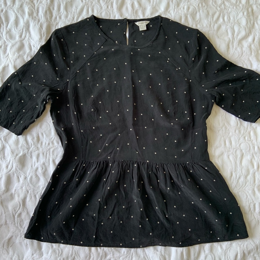 Fossil Black Top with White Polka Dots